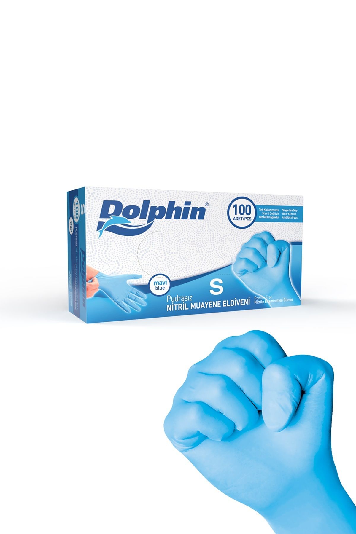 Dolphin Pudrasız Mavi Nitril Muayene Eldiveni S Beden 100'lü Kutu