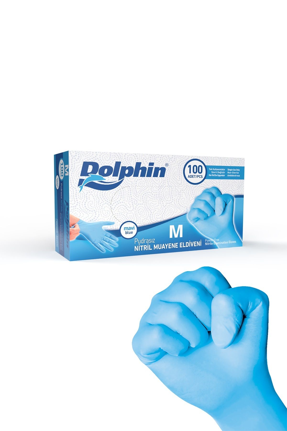 Dolphin Pudrasız Mavi Nitril Muayene Eldiveni M Beden 100'lü Kutu
