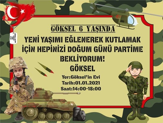 Asker Temalı Kişiye Özel Davetiye 6 Adet