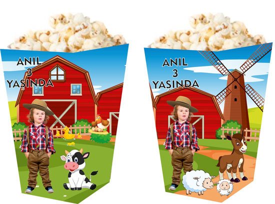 Çiftlik Temalı Kişiye Özel Popcorn Kutusu 6 Adet