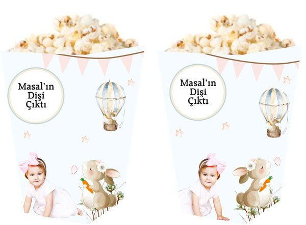 Tavşan Temalı Diş Buğdayı Kız Kişiye Özel Popcorn Kutusu 6 Adet