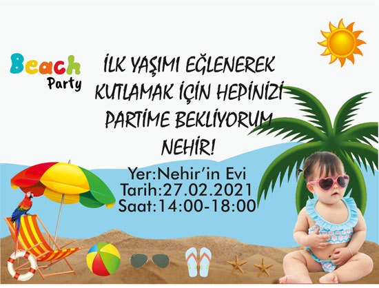 Beach Party Temalı Kişiye Özel Davetiye 6 Adet