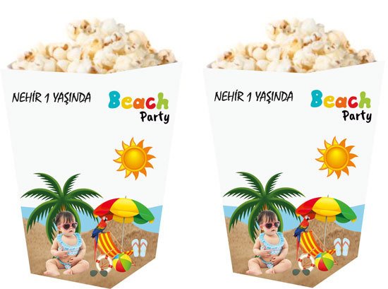 Beach Party Temalı Kişiye Özel Popcorn Kutusu 6 Adet
