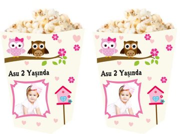 Baykuş Temalı Kişiye Özel Popcorn Kutusu 6 Adet