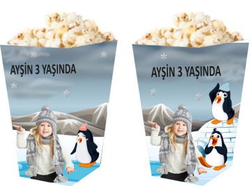 Penguen Temalı Kişiye Özel Popcorn Kutusu 6 Adet