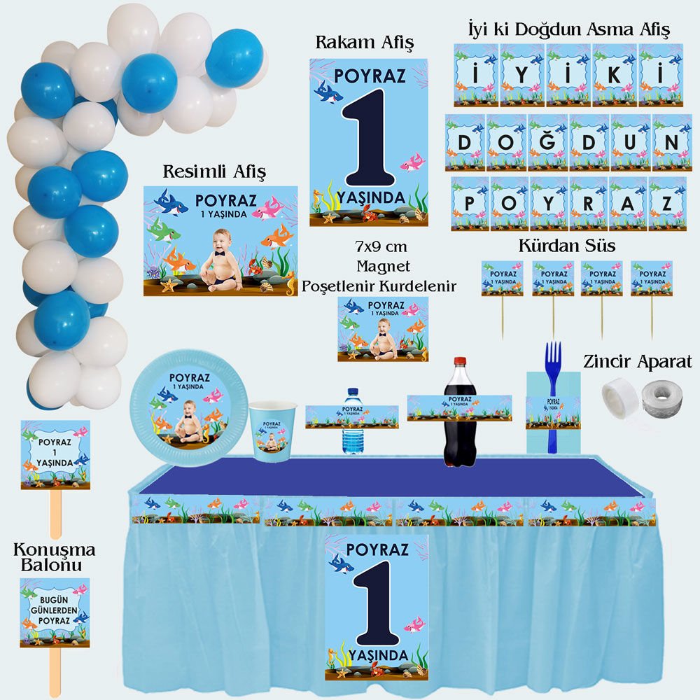 Sevimli Köpek Balığı Temalı Doğum Günü Seti 10 Kişilik