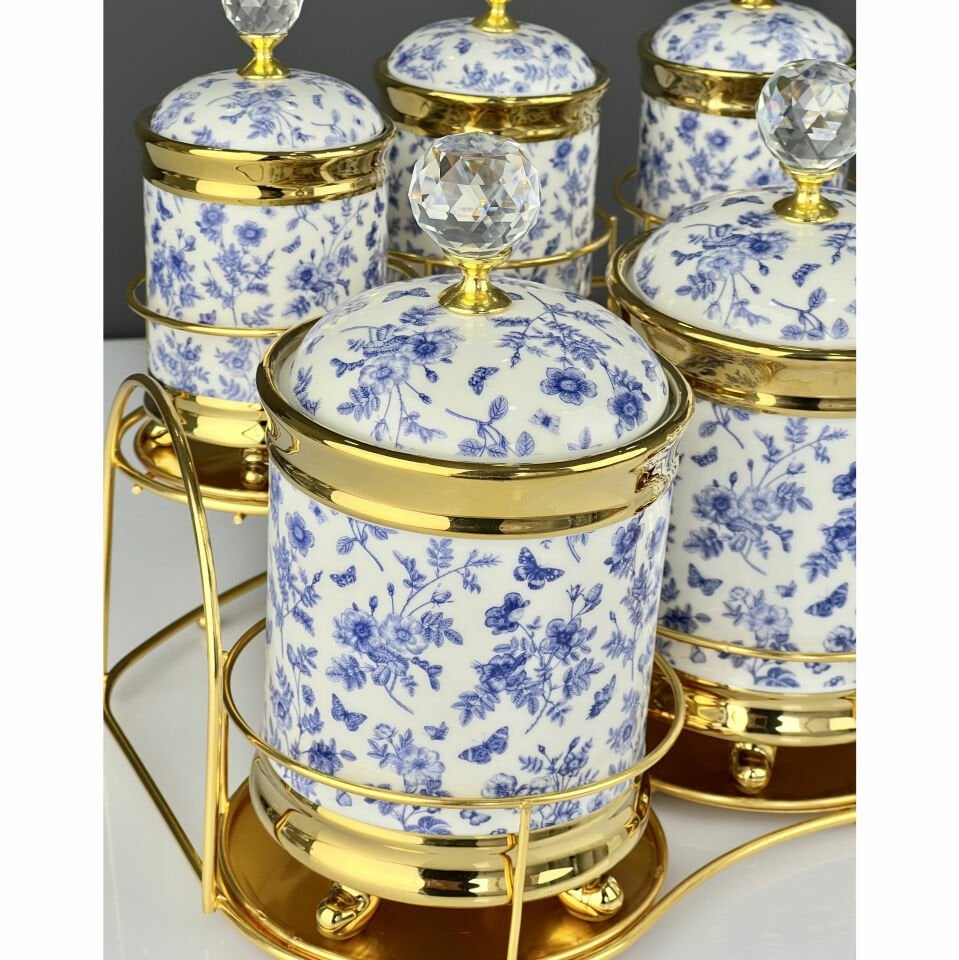 Lüx Porselen Blue Vinci Gold Kristal Taşlı Baharat Takımı