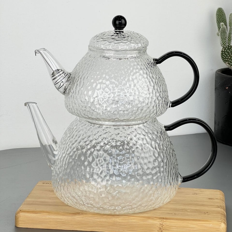 Luxury Glass Grevir Chubby Teapot with Black Handle