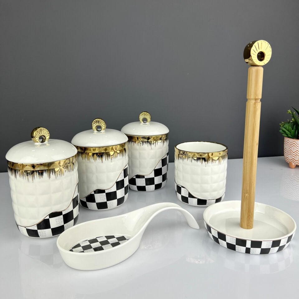 Luxury Porcelain 6 Piece Checkerboard Pattern Kitchen Pattern Kitchen Set