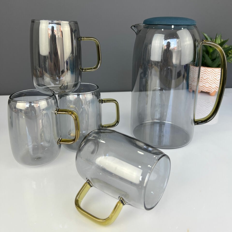 Acar Lüx 5 Piece Borosilicate Gray Bohemian Jug & Glass Set