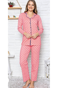 Pembe Puantiyeli Gömlek Yaka Düğmeli Pamuk Pijama Takımı