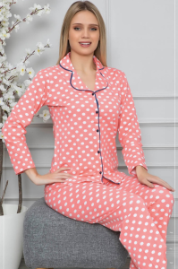 Pembe Puantiyeli Gömlek Yaka Düğmeli Pamuk Pijama Takımı