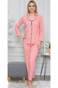 Pembe Puantiyeli Gömlek Yaka Düğmeli Pamuk Pijama Takımı