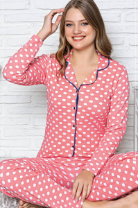 Pembe Puantiyeli Gömlek Yaka Düğmeli Pamuk Pijama Takımı