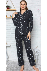 Füme Yıldızlı Gömlek Yaka Düğmeli Pamuk Pijama Takımı