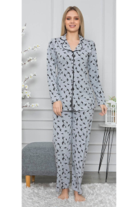 Gri Kırlangıç Gömlek Yaka Düğmeli Pamuk Pijama Takımı