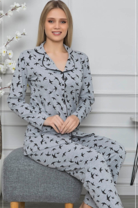 Gri Kırlangıç Gömlek Yaka Düğmeli Pamuk Pijama Takımı