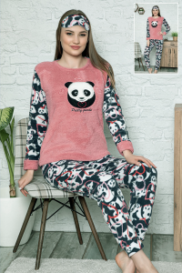 Panda Desenli Gül Kurusu Polar Pijama Takımı