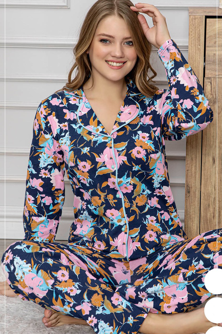 Çiçekli Gömlek Yaka Düğmeli Pamuk Pijama Takımı