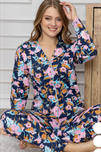 Çiçekli Gömlek Yaka Düğmeli Pamuk Pijama Takımı
