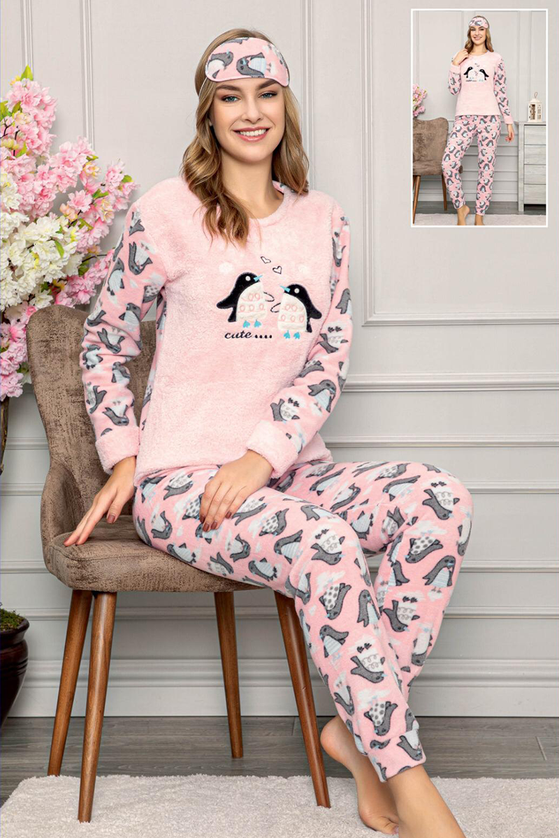 Penguenler Desenli Açık Pembe Polar Pijama Takımı