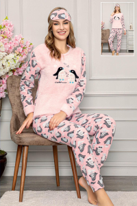 Penguenler Desenli Açık Pembe Polar Pijama Takımı