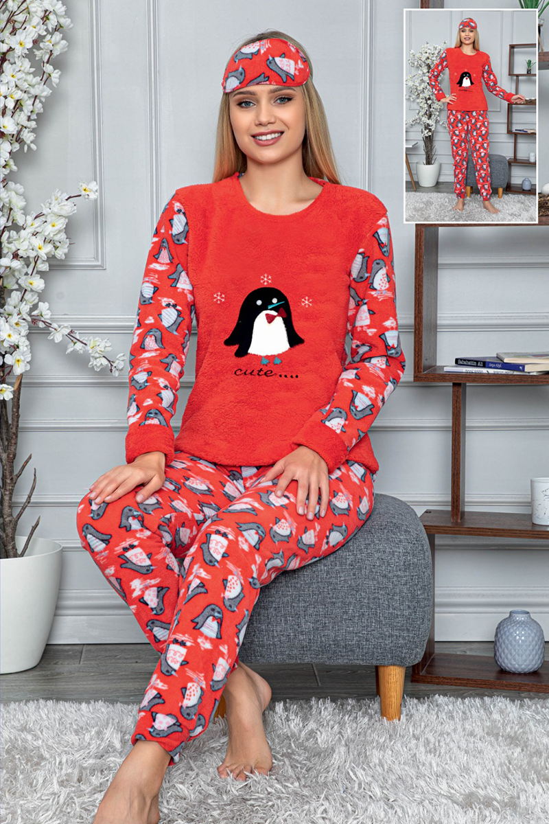 Penguen Desenli Kırmızı Polar Pijama Takımı