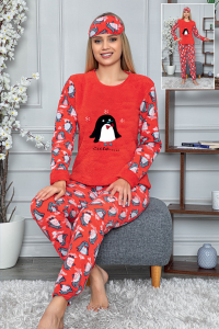 Penguen Desenli Kırmızı Polar Pijama Takımı