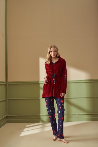 Kadın 3'lü Desenli İşlemeli Pijama Takımı