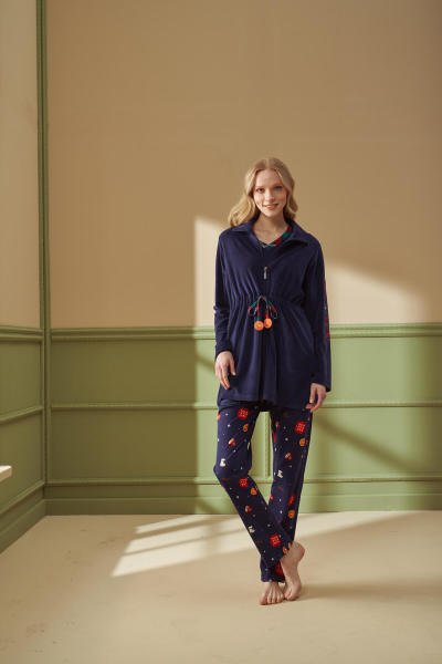 Kadın 3'lü Desenli İşlemeli Pijama Takımı