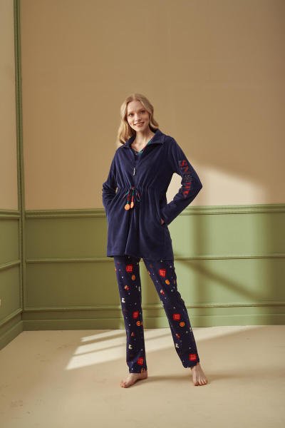 Kadın 3'lü Desenli İşlemeli Pijama Takımı
