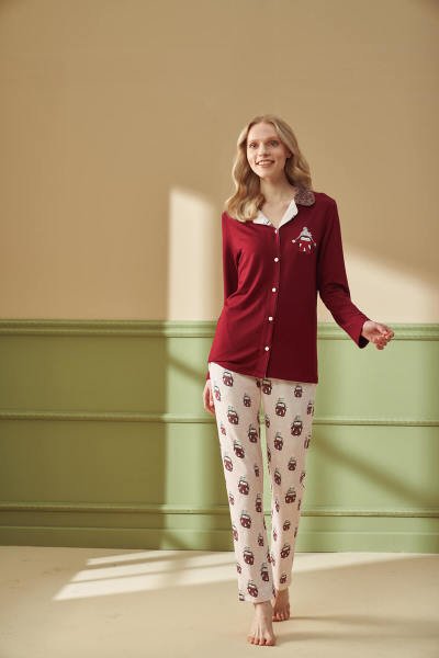 Kadın Önden Düğmeli Desenli Pijama Takımı