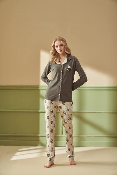 Kadın Önden Düğmeli Desenli Pijama Takımı