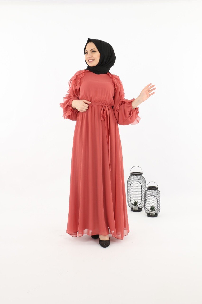Kolları Fırfırlı Kemerli Elbise Mercan