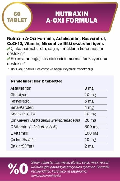 Nutraxin A-oxi Formula Multivitamin, Multimineral Ve Bitki Ekstreleri Içeren Takviye Edici Gıda 60 Tablet