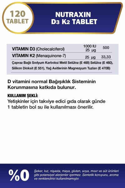 Nutraxin D3K2 120 Tablet - 1000 IU D3 vitamini, 25 mcg K2 vitamini