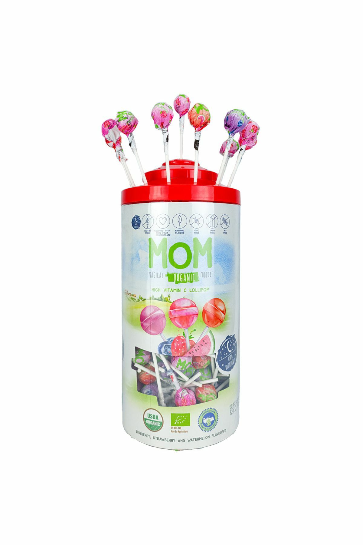 Mom-Oganic Silindir Organik Lolipop (çilek, Karpuz, Yaban Mersini Ve C Vitamini) 200 Adet