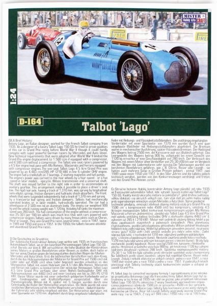 Mistercraft D164 1/24 Ölçek, Talbot Lago Yarış Arabası, Plastik Model kiti