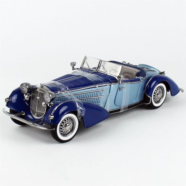 Sunstar 2408 1/18 Ölçek, 1939 Horch 855 Roadster, Açık MaVİ/Koyu Mavi, Sergilemeye Hazır Metal Araba Modeli