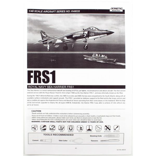 Kinetic K48035 1/48 Ölçek, FRS.1 Royal Navy Sea Harrier Savaş Uçağı, Plastik Model kiti