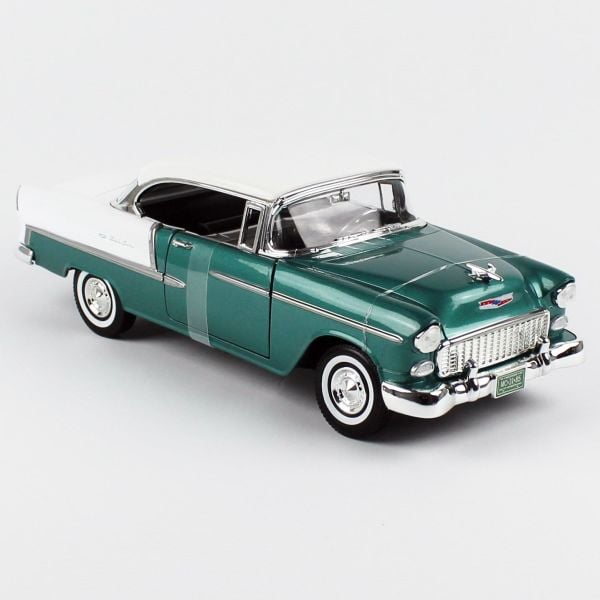Motormax 73185 1/18 Ölçek 1955 Chevrolet Bel Air Hardtop, Koyu Yeşil/Beyaz, Sergilemeye Hazır Metal Araba Modeli