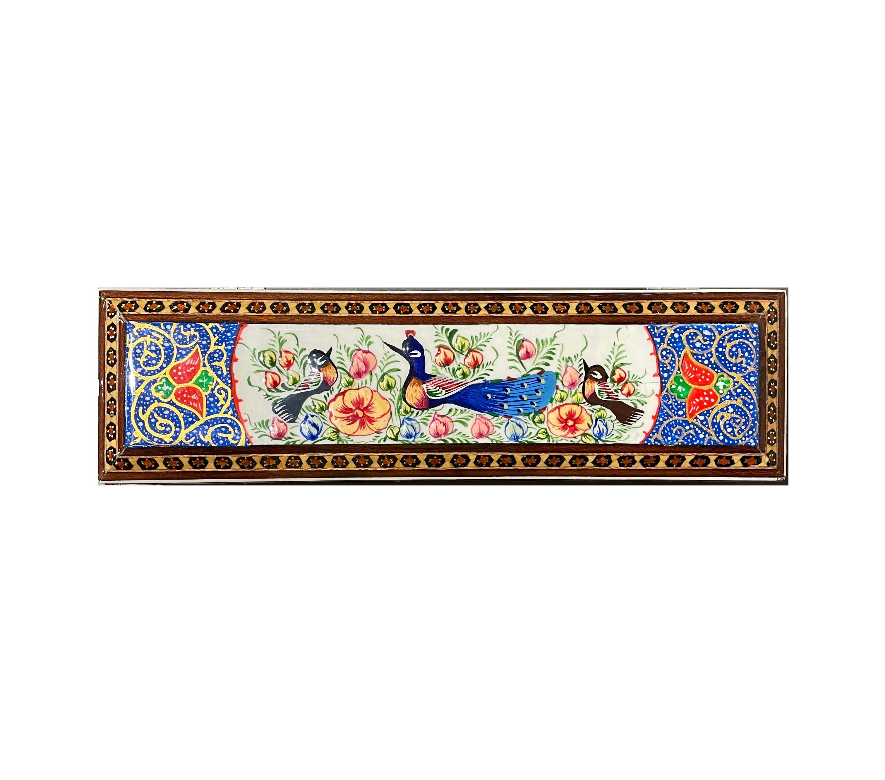 İRAN AHŞAP KALEMLİK SEDEF KAKMA Tavus Kuşlu Mavi - Kırmızı Desenli 25 CM