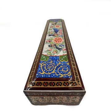 İRAN AHŞAP KALEMLİK SEDEF KAKMA Tavus Kuşlu Mavi - Yeşil Desenli 25 CM