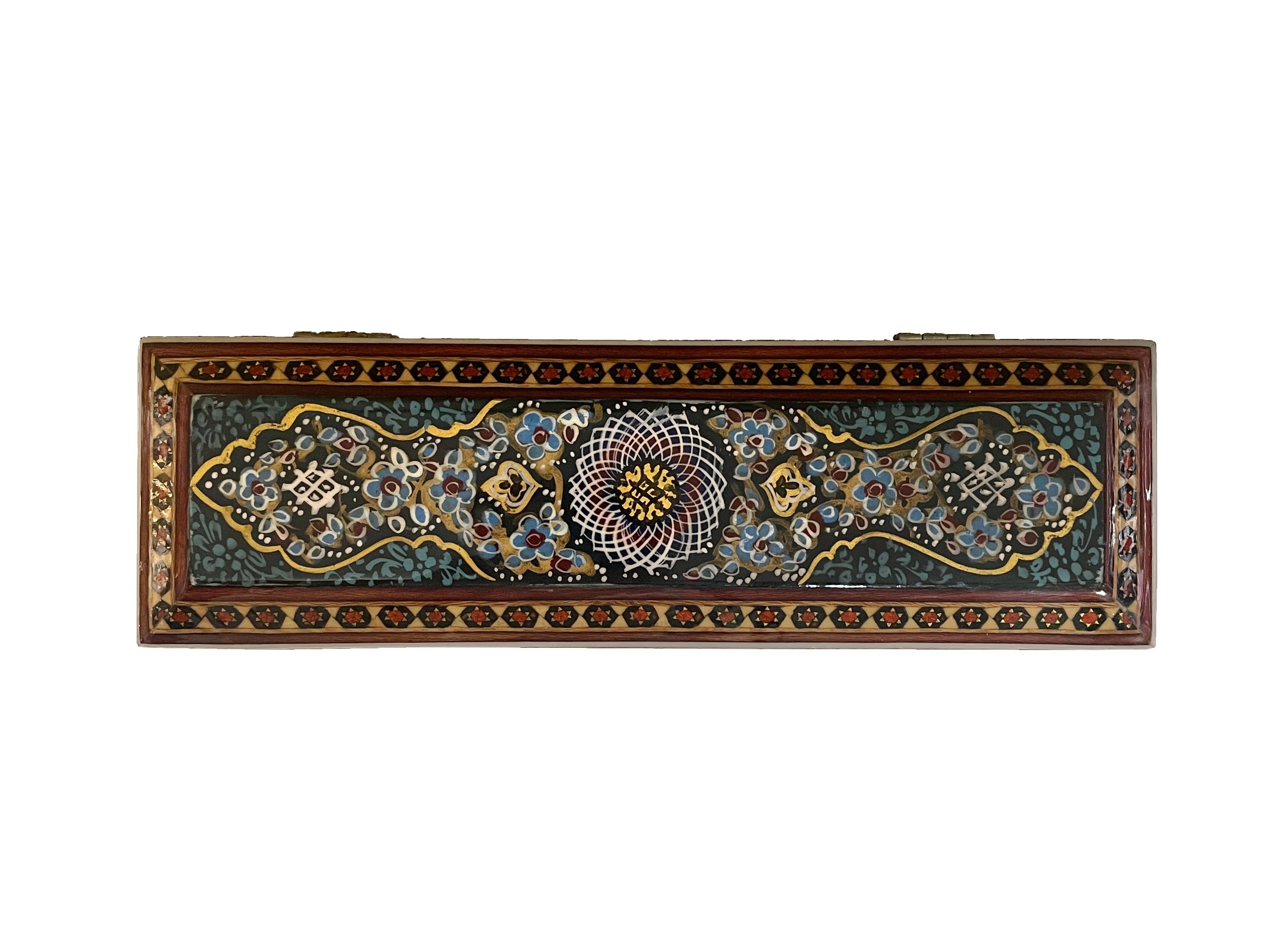 İRAN AHŞAP KALEMLİK SEDEF KAKMA Sarmal Mavi Desenli- 20 CM