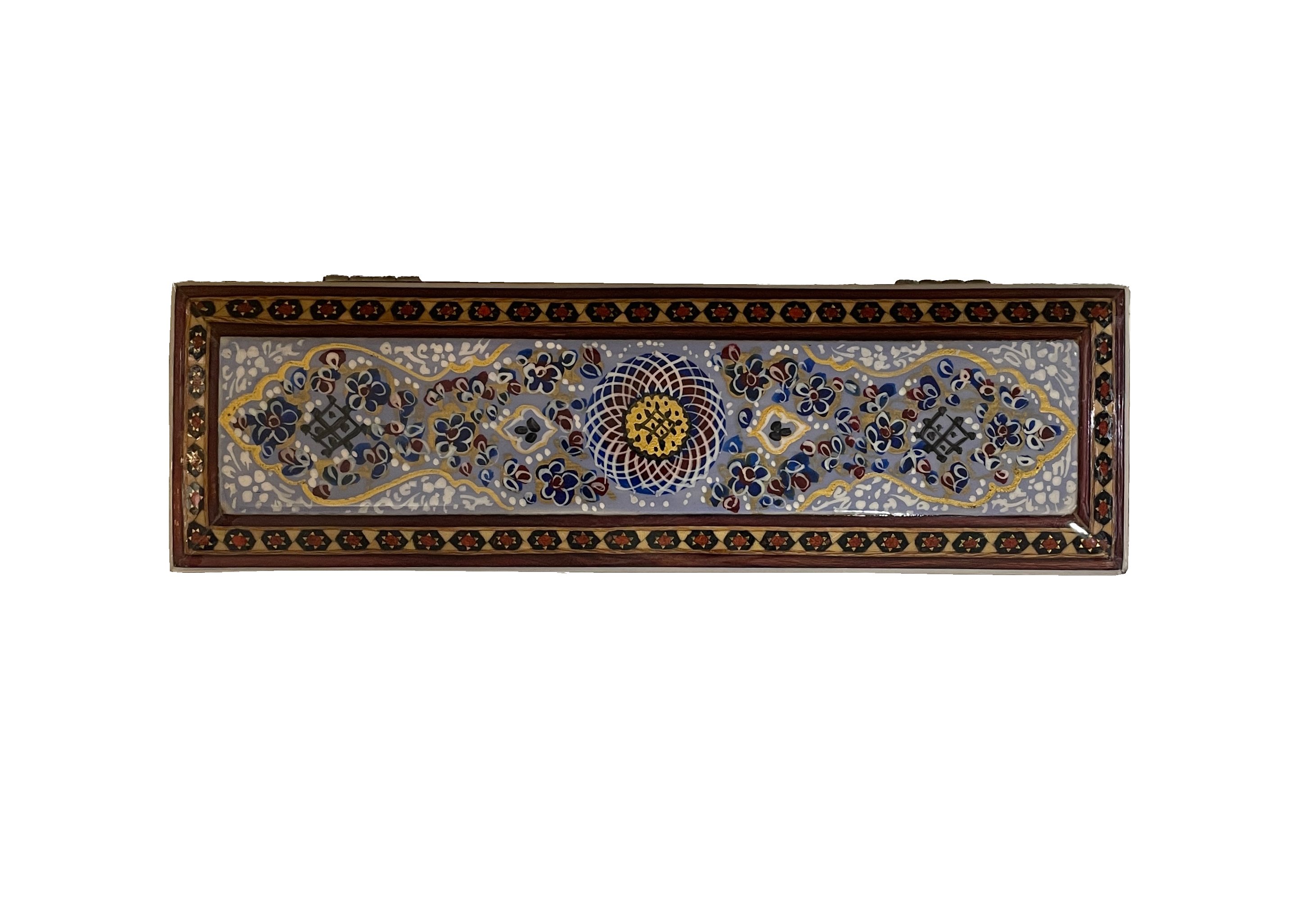 İRAN AHŞAP KALEMLİK SEDEF KAKMA Sarmal Gri Desenli- 20 CM