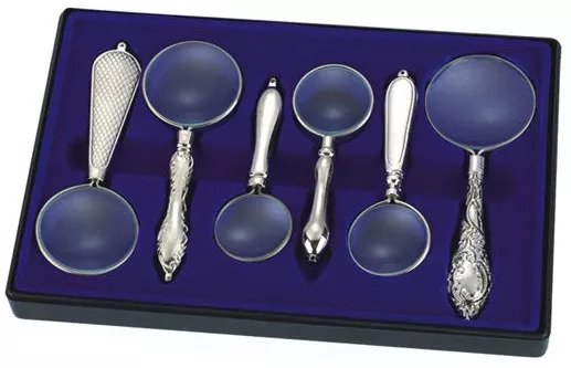Vera Sanat Gümüş Renkli İşlemeli Saplı 6'Lı El Büyüteci Seti (32-40-45 mm)
