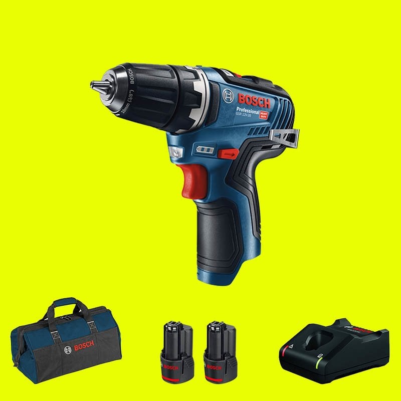 BOSCH GSR 12 V-35 Profesyonel 12 Volt 3 Ah Çift Akülü Delme Vidalama (Plastik Mandren)(Kömürsüz Motor) (Bez Çanta)