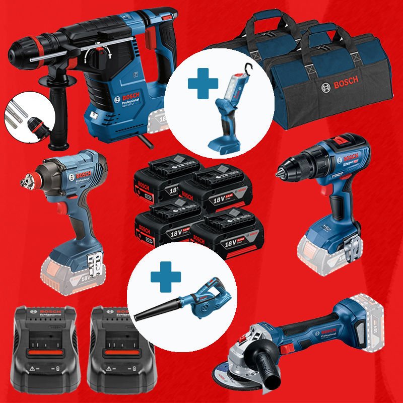 BOSCH GLI 18 V-300 ve GBL 18 V-120 Hediyeli BOSCH ProMixEco BOSCH GBH 187-LI (Kömürsüz Motor -  2,4 Joule) + BOSCH GSR 18 V-50 (Kömürsüz) + BOSCH GDX 180-LI + GWS 180