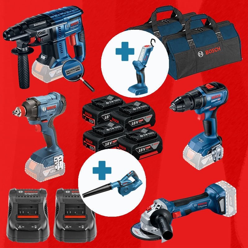 BOSCH GLI 18 V-300 ve GBL 18 V-120 Hediyeli BOSCH ProMixEco BOSCH GBH 180-LI (Kömürsüz Motor -  2 Joule - Yeni Nesil) + BOSCH GWS 180-LI (700 W Eşdeğerinde) (Kömürsüz) + BOSCH GSR 18 V-50 (Kömürsüz) + BOSCH GDX 180-LI