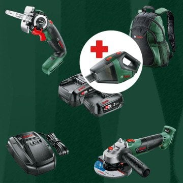 BOSCH UniversalVac18 Hediyeli BOSCH DIYmix (Ev & Bahçe Kullanımı) Advanced Cut 18 18 Volt Akülü NanoBlade Testere + Advanced Grind 18 18 Volt Akülü Devir Ayarlı Avuç Taşlama (Sırt Çantası İçerisinde)